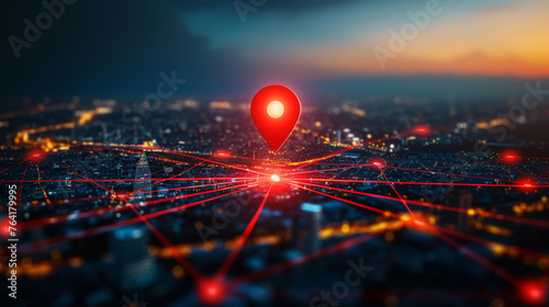 A red location pin on top of an urban cityscape, surrounded by glowing lines representing network connections and digital networks photo