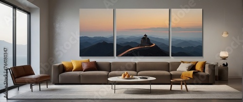 Minimalistic interior of a room with a painting on the wall as a symbol of travel and new places.