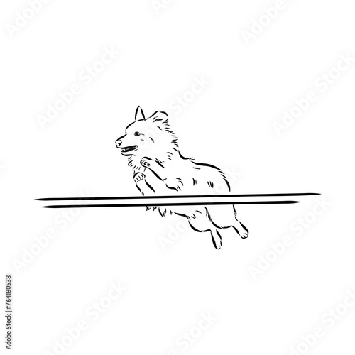Scenes of dog training with cartoon characters of man and his pet learning various commands
