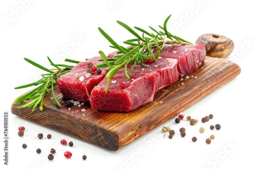 raw Beef meat lies on a wooden board Isolated on white background