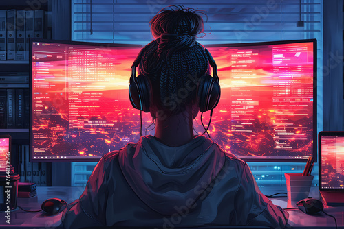 Illustration of a nerdy girl in front of her workstation