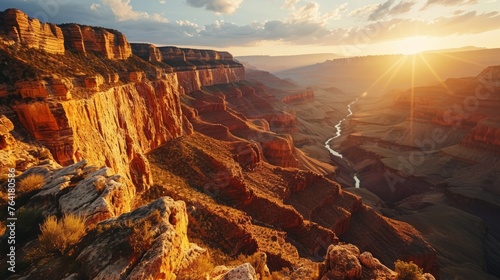 Generative AI conic canyon rims, drone's altitude, sun setting, rugged terrain, high-definition sunset tableau in the Grand Canyon photo