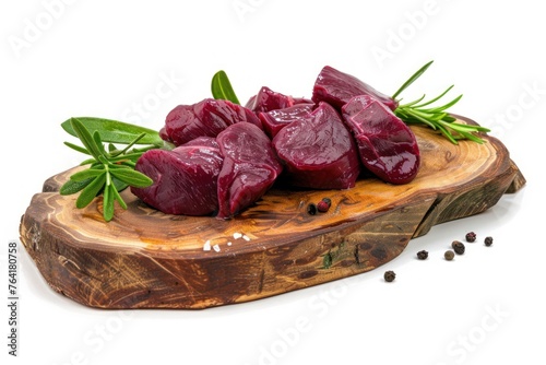 raw Venison meat lies on a wooden board Isolated on white background