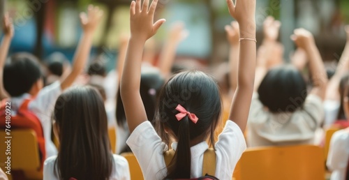 Group of Asian Children Raising Hands in Educational Setting Generative AI