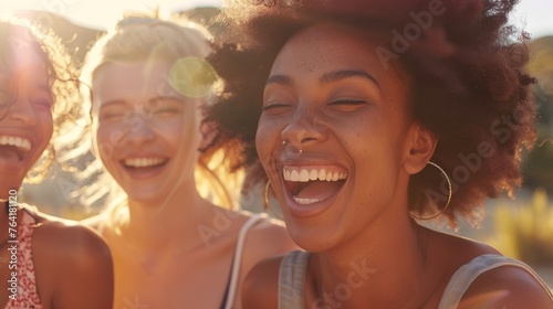 A group of women are joyfully laughing together, showcasing their close bond and friendship. Their expressions exude happiness and camaraderie as they share lighthearted moments.