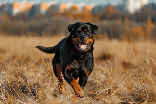 Strong rottweiler dog in the field in training