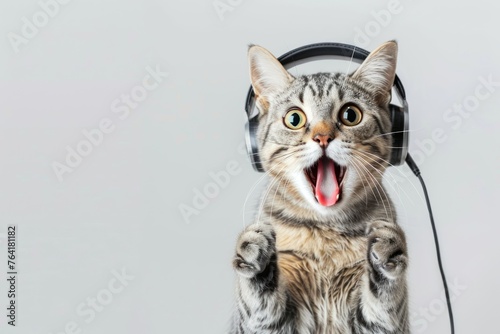 surprised cat phone operator in headset, Customer support. Consulting and assistance service call center