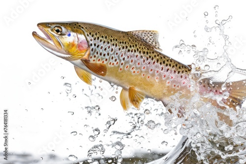 Trout fish jumping out of water isolated on white background