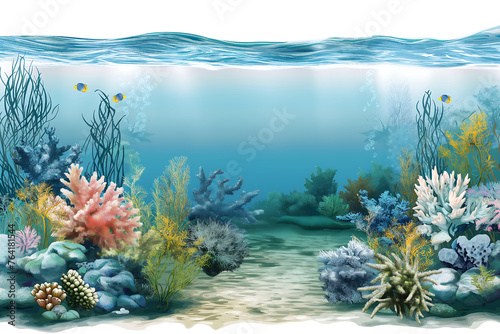 blue water with corals and seaweed isolated on a transparent background