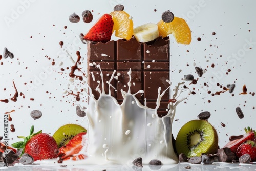 chocolate bags with fruits in milk splash on a white background photo