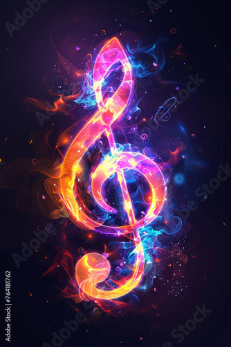 a colorful neon glowing musical note in the shape of an treble clef on black background