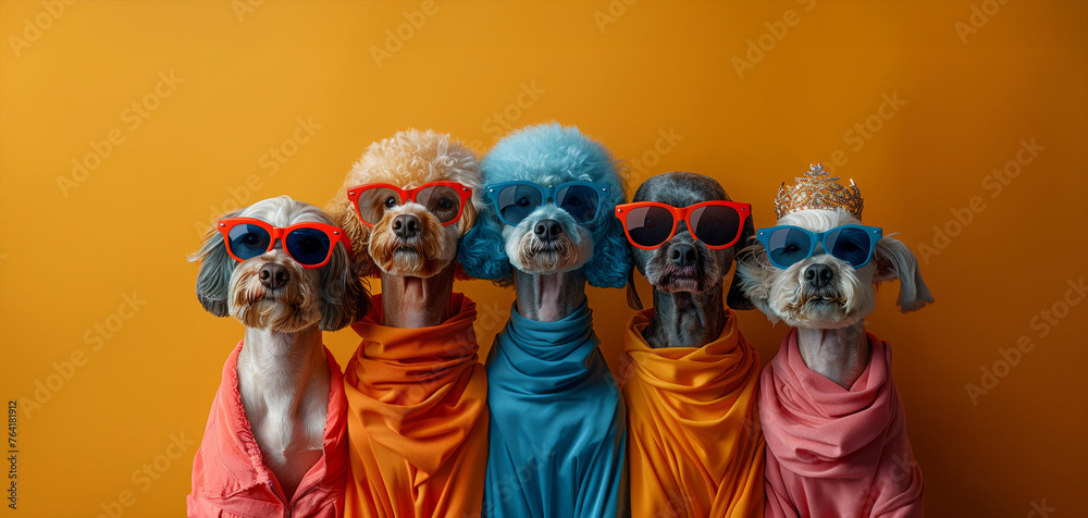 A group of dogs wearing sunglasses and colorful scarves. The dogs are all different colors and sizes, and they are all wearing sunglasses. The scene is playful and fun.