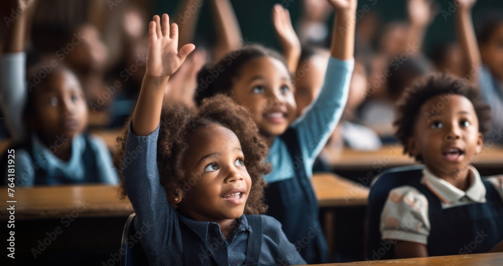 Fototapeta premium Black Children in Classroom Raising Hands Generative AI