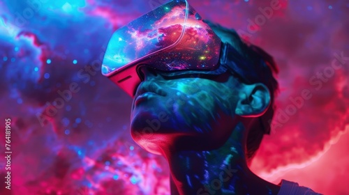 A person is immersed in a VR experience with a vibrant cosmic backdrop