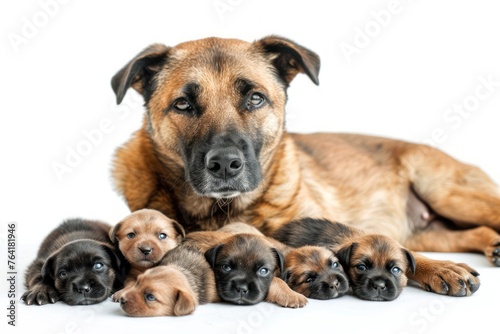 Dog and a bunch of small just born puppies on a white background