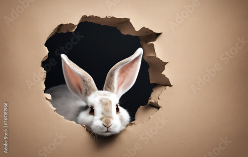 A rabbit looks through a hole in a brown wall. 