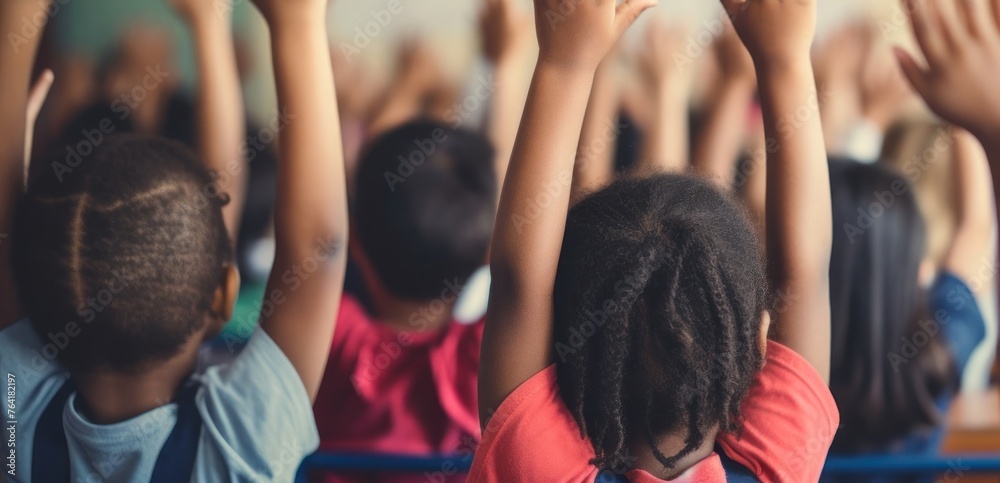Obraz premium Black Group of Children Raising Hands in Educational Classroom Generative AI