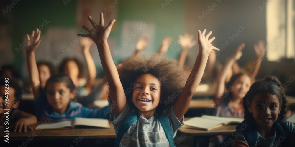 Fototapeta premium Black Group of Children Sitting at Desks in a Classroom Generative AI