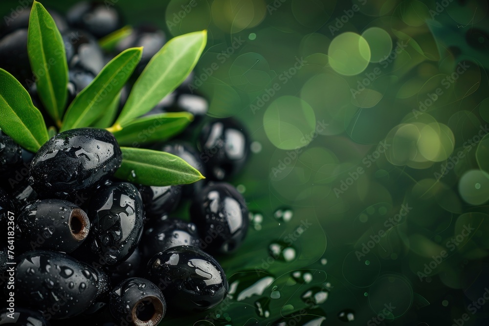 Many fresh and ripe black olives with leaves and detailed water drops on solid dark green - obrazy, fototapety, plakaty 
