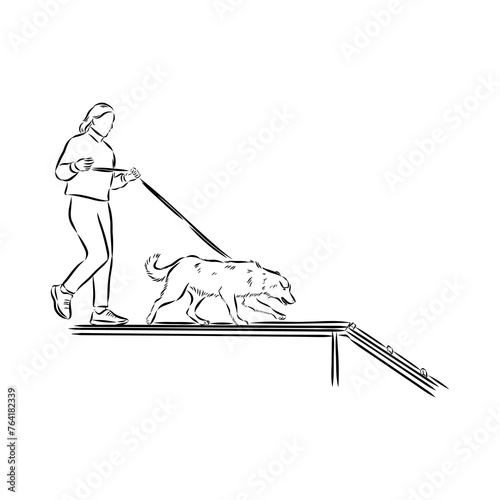 Scenes of dog training with cartoon characters of man and his pet learning various commands