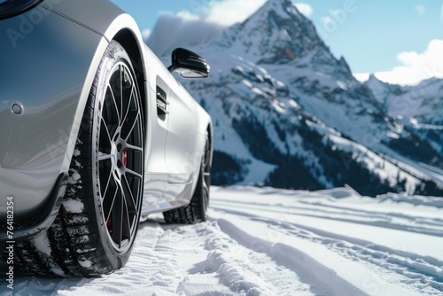 Luxury winter sports car tires near snowy road