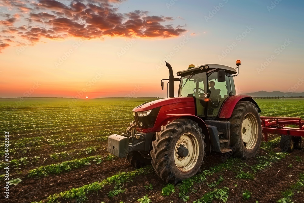 Fototapeta premium Modern tractor standing in the field with sunset light.