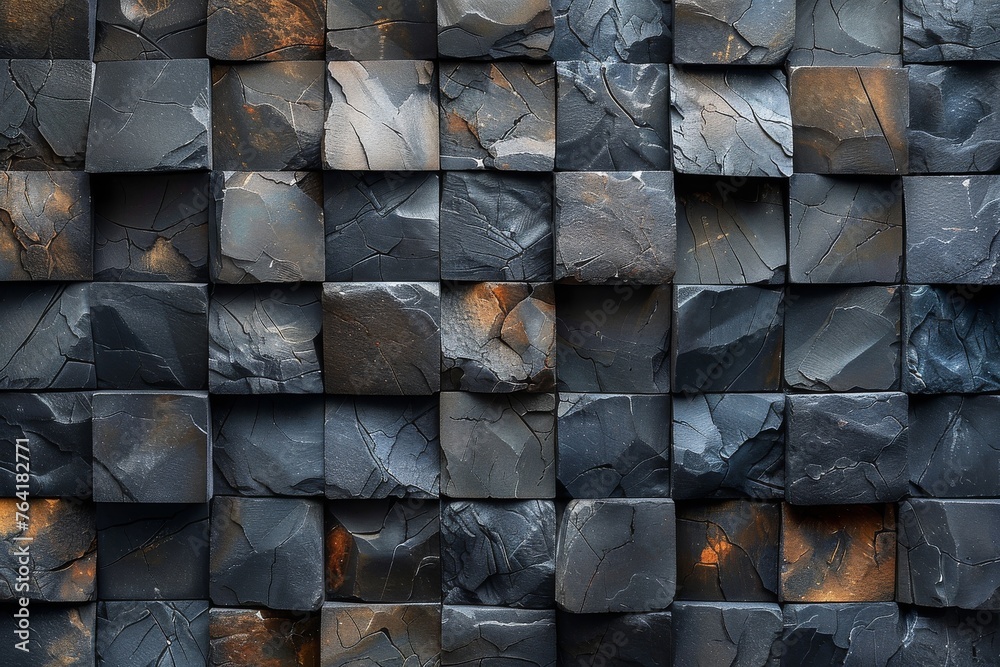 A 3D render depicting a rugged surface of dark, fractured stone tiles with subtle orange accents A 3D render depicting a rugged surface of dark, fractured stone tiles with subtle orange accents