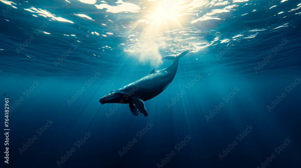A whale swimming from the deep sea to the surface, under the underwater light rays of the sun - obrazy, fototapety, plakaty 