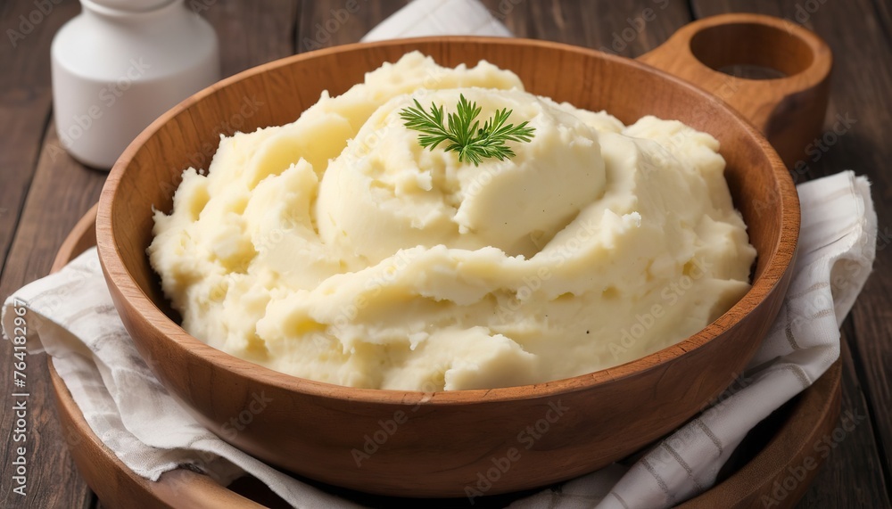 Mashed potatoes in a big wooden bowl
