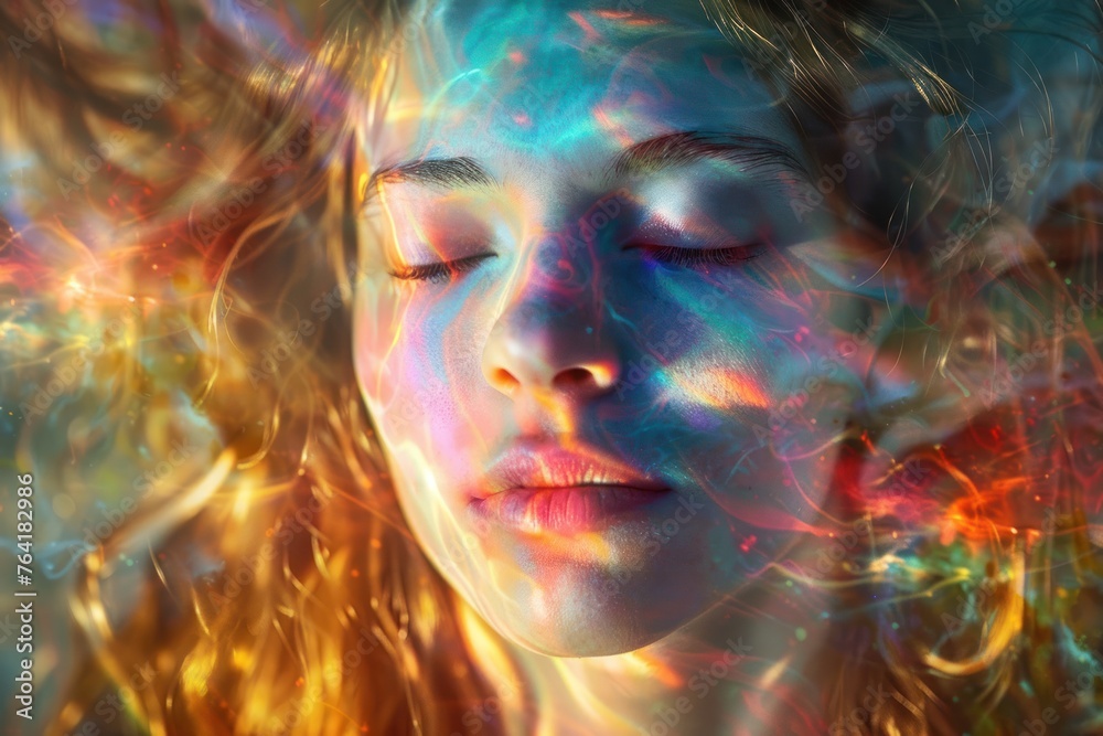 Portrait of a woman with his eyes closed and the glowing energy that passes through his body Portrait of a woman with his eyes closed and the glowing energy that passes through his body