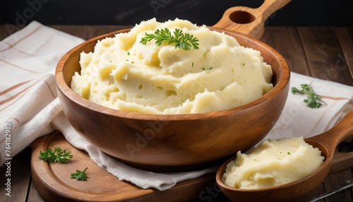 Mashed potatoes in a big wooden bowl