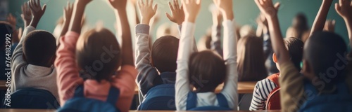 Group of Children Raising Hands in Classroom Generative AI