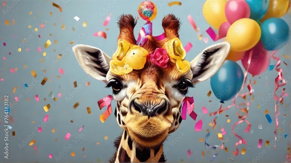 Cute giraffe birthday portrait. Giraffe on the background of balloons, birthday, party, pet, decoration.