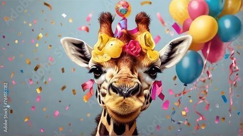Cute giraffe birthday portrait. Giraffe on the background of balloons, birthday, party, pet, decoration. © екатерина лагунова