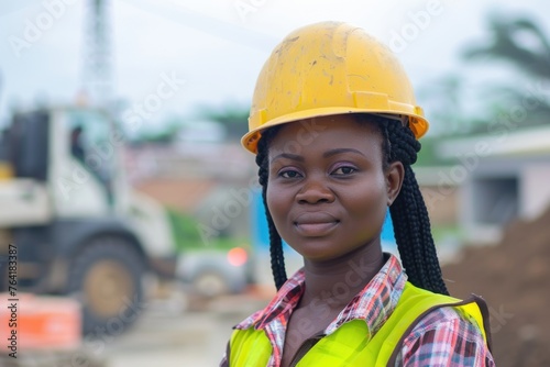 Young African female construction engineer at work with safety helmet and vest background