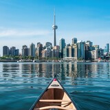 view of Toronto Harbourfront from a canoe