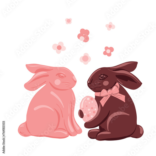 Easter chocolate bunnies and eggs. Easter illustration. Easter vector background with hares.
