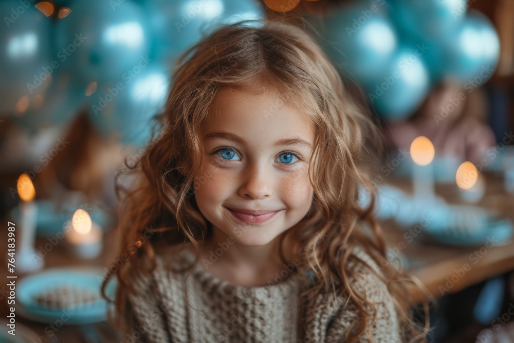 A captivating photograph of a little girl with enchanting blue eyes smiling warmly at a birthday party A captivating photograph of a little girl with enchanting blue eyes smiling warmly at a birthday party