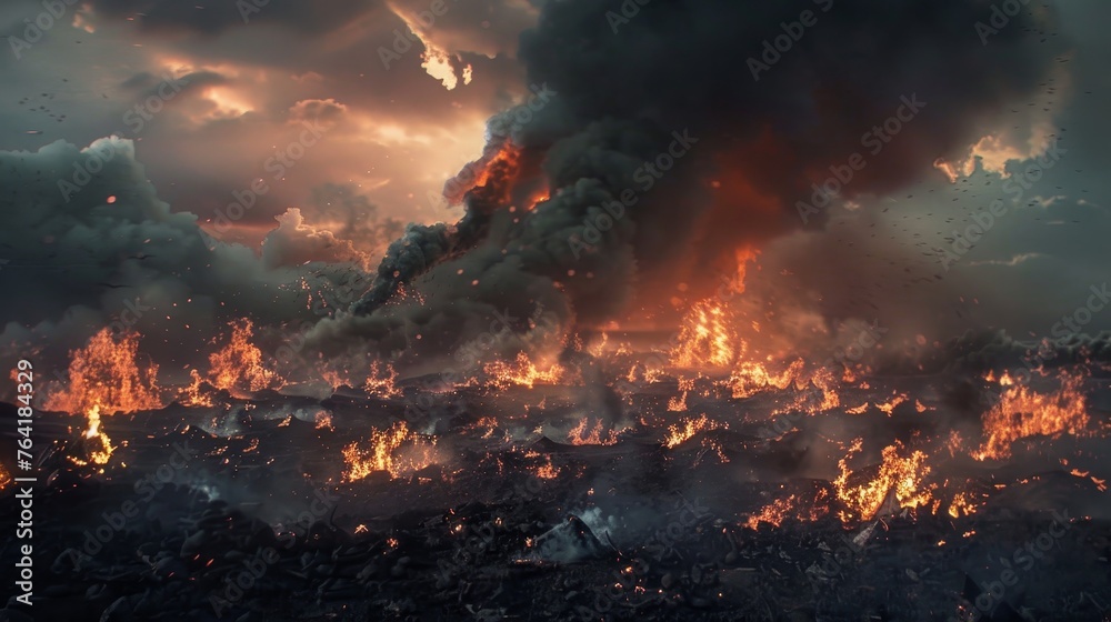 a large field of fire with smoke and clouds