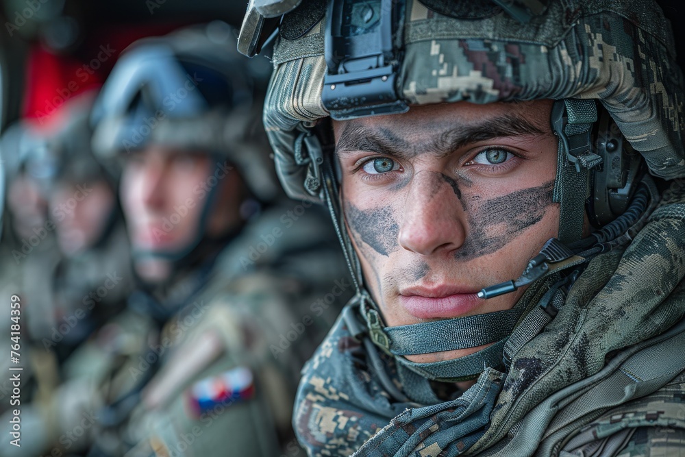 Insightful image displaying soldiers in interaction while seated inside a military vehicle, portraying camaraderie and brief respite Insightful image displaying soldiers in interaction while seated inside a military vehicle, portraying camaraderie and brief respite