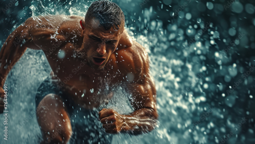 Intense Athlete Sprinting Through Water Splashes.