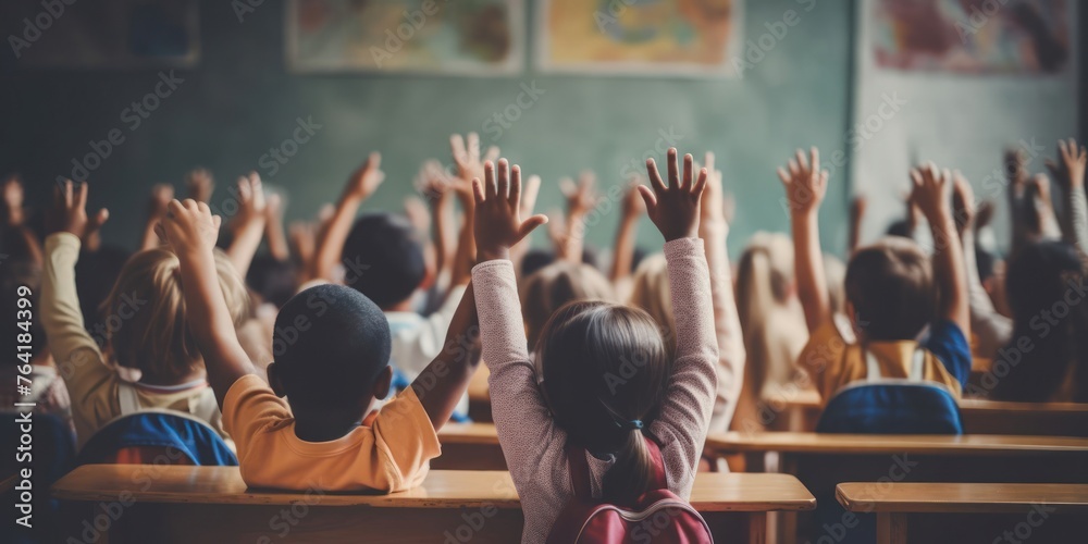 Diverse Children Raising Hands in Classroom Generative AI - obrazy, fototapety, plakaty 