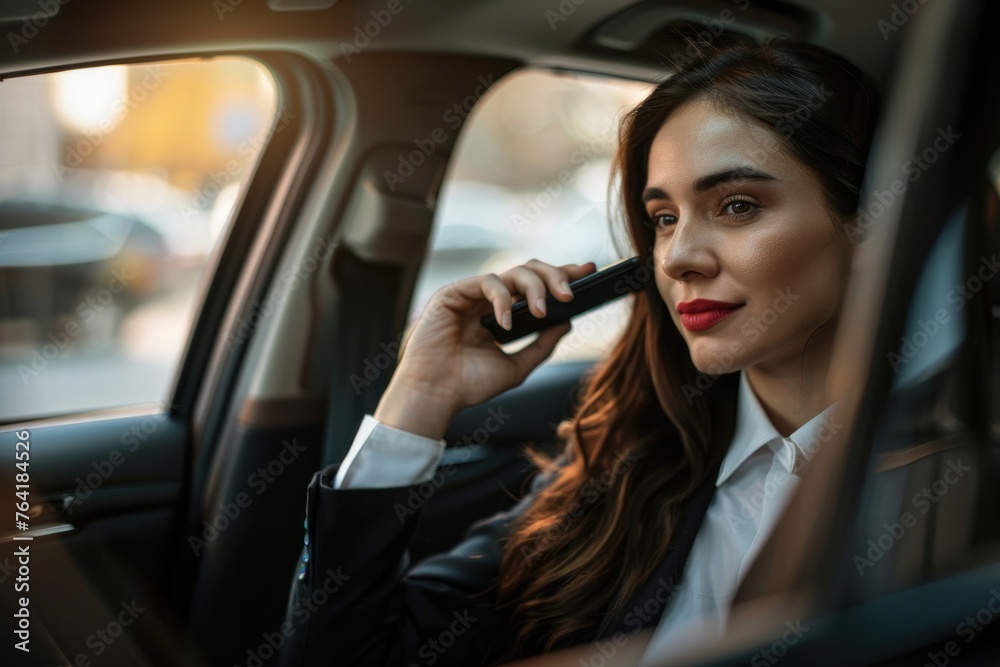 Businesswoman in a suit is sitting in the back seat of a car and talking on mobile phone