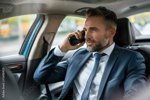Businessman in a suit is sitting in the back seat of a car and talking on mobile phone © Igor