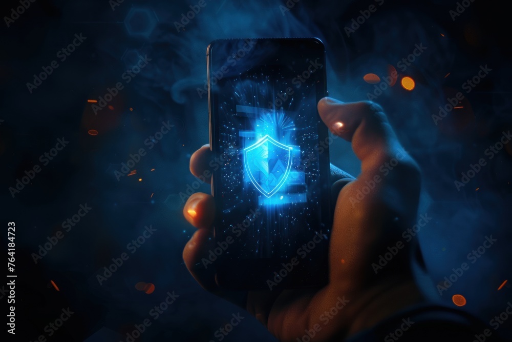shield symbol glowing on a smartphone in hand dark technology background