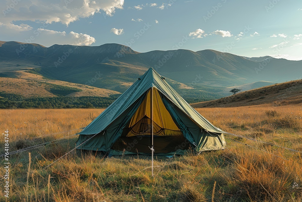 A camping tent pitched in a scenic meadow with mountains in the background during the golden hour