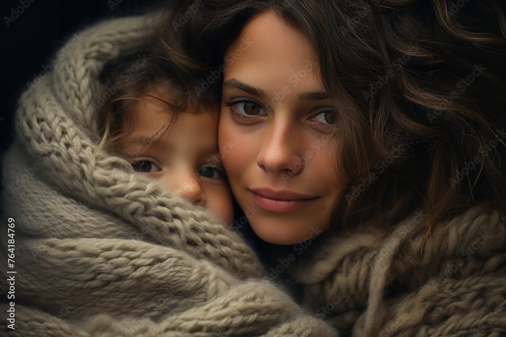 Mother Embracing Child in Warm Clothes. Mother Embracing Child in Warm Clothes.