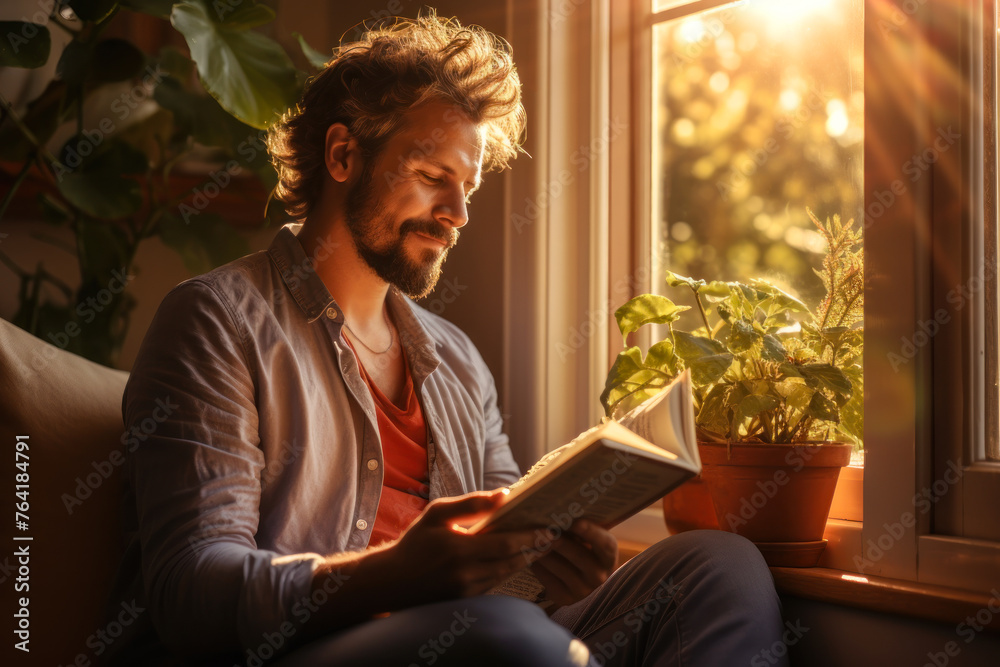 Man Enjoying Reading by Sunny Window. Man Enjoying Reading by Sunny Window.