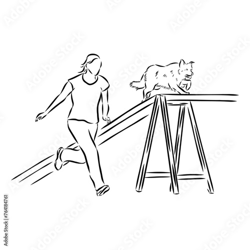 Scenes of dog training with cartoon characters of man and his pet learning various commands