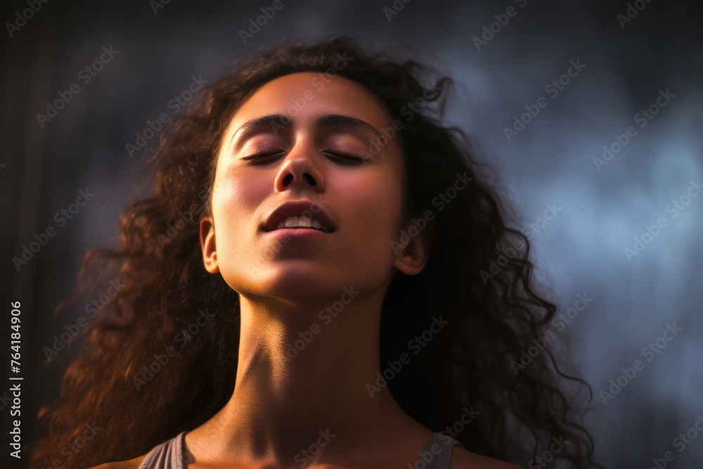 Serene Woman in Sunbeam with Closed Eyes. Serene Woman in Sunbeam with Closed Eyes.